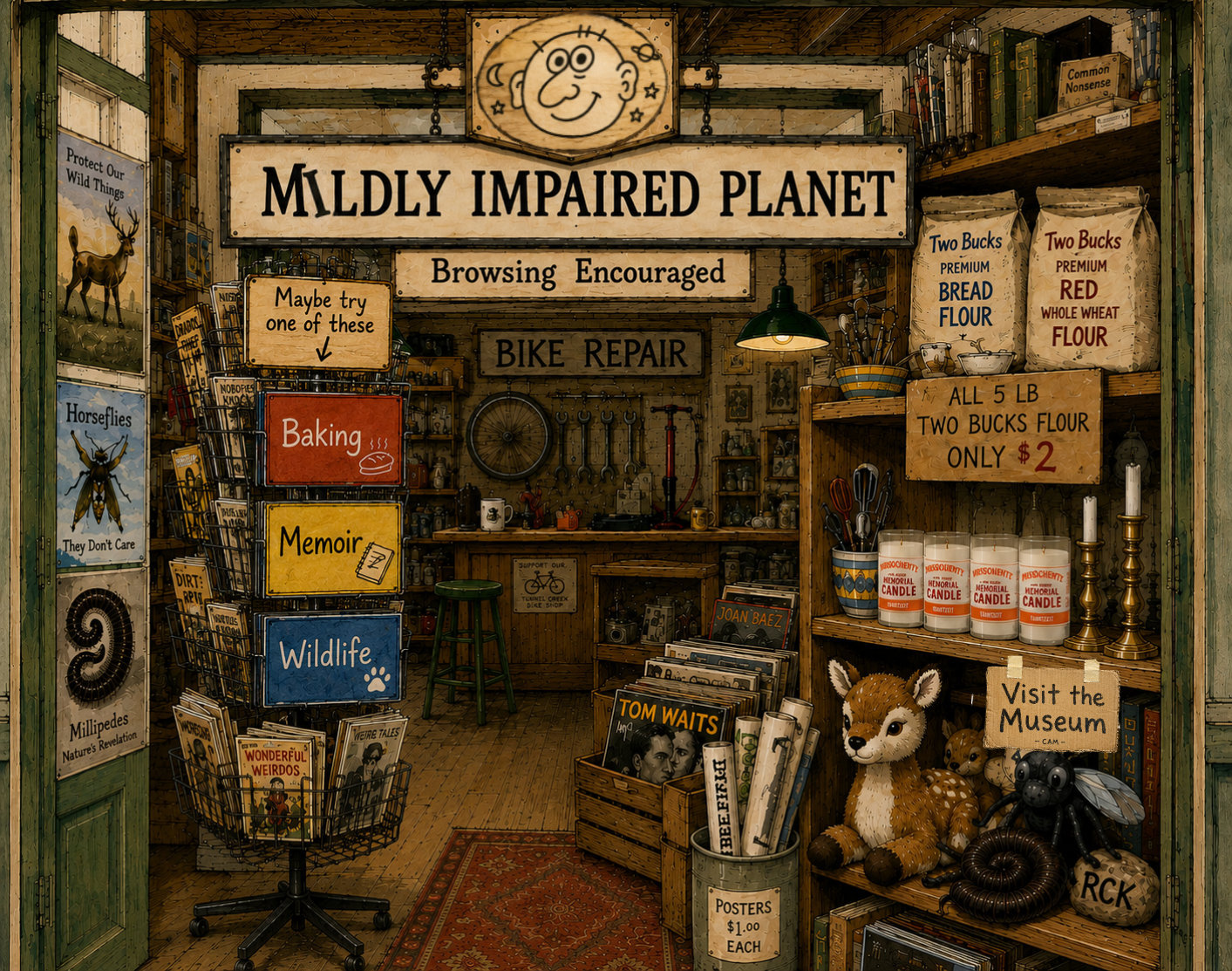 The Mildly Impaired Planet curiosity shop, with links to Baking, Memoir, Wildlife, and CAM.